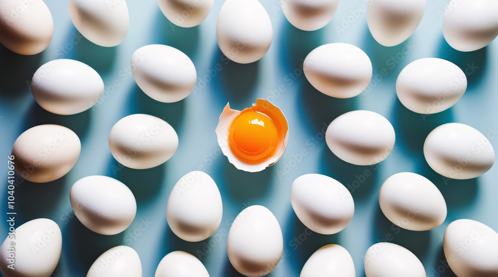 Minimalist Top-Down Photograph of White Eggs on Light Blue Background Symmetrical Grid with One Cracked Egg Revealing Bright Orange Yolk, Highlighting Simplicity and Color Contrast Minimalist Top-Down Photograph of White Eggs on Light Blue Background Symmetrical Grid with One Cracked Egg Revealing Bright Orange Yolk, Highlighting Simplicity and Color Contrast