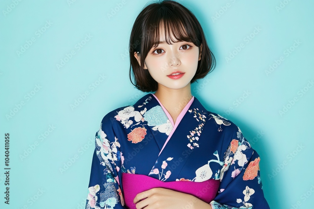 Japanese Woman in Elegant Blue and Pink Kimono, Confidently Poses Against Light Teal Background, Exuding Grace and Style Japanese Woman in Elegant Blue and Pink Kimono, Confidently Poses Against Light Teal Background, Exuding Grace and Style