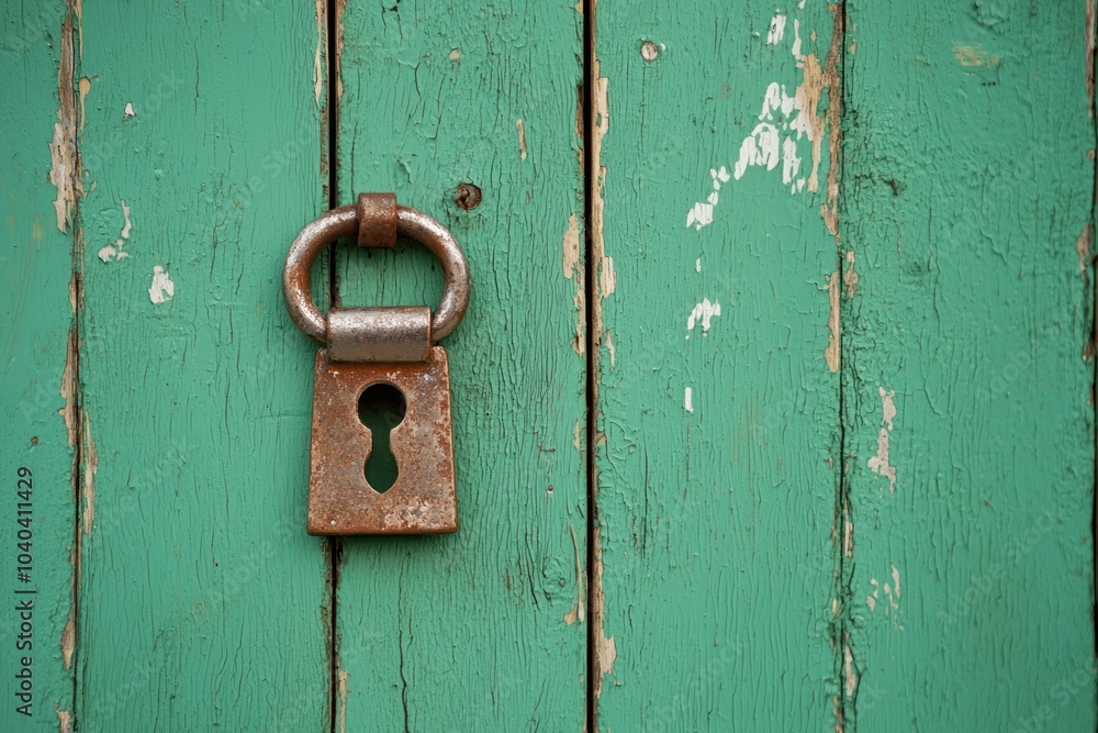 Rusty Padlock on Weathered Green Door A Symbol of Security and Isolation Rusty Padlock on Weathered Green Door A Symbol of Security and Isolation