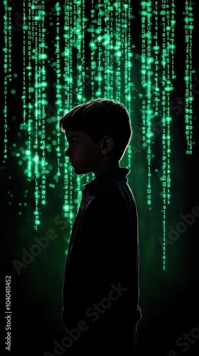 A Young Boy Contemplating the Digital Universe Amidst a Shower of Green Binary Code