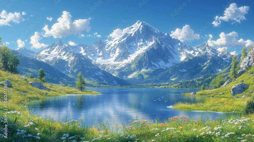 Fototapeta premium A majestic mountain landscape with rugged peaks reaching into the clear blue sky. Below, a calm alpine lake reflects the surrounding mountains and the small clouds that float overh