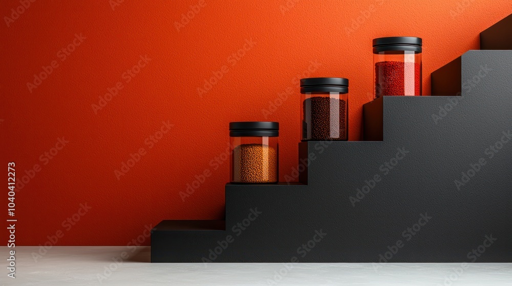 Colorful Stacked Spice Jars on Steps Against a Bold Orange Wall for Modern Kitchen Decor Colorful Stacked Spice Jars on Steps Against a Bold Orange Wall for Modern Kitchen Decor