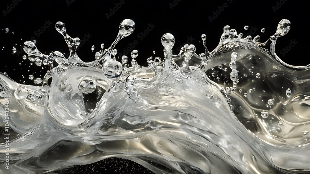 Clear gel splash featuring abstract bubbles and droplets in a dynamic fluid motion Clear gel splash featuring abstract bubbles and droplets in a dynamic fluid motion