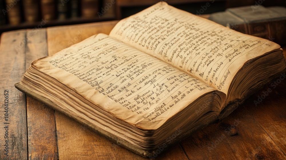 Obraz premium Weathered, handwritten book open on wooden table