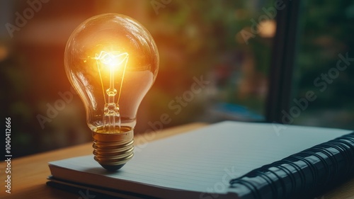 Lit light bulb on notebook by window, symbolizing inspiration and ideas