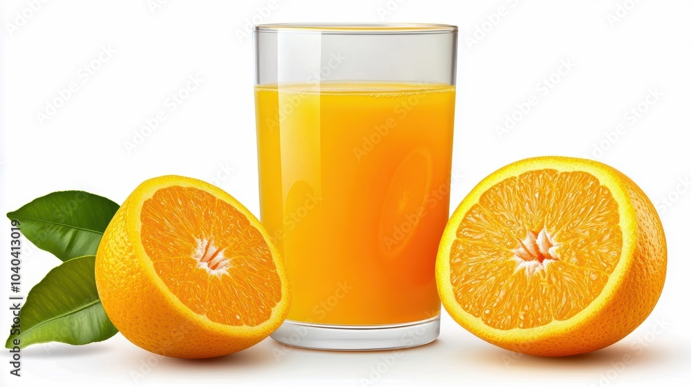 Fresh orange juice in a glass with halved oranges and green leaves, vibrant and inviting for a healthy lifestyle. Fresh orange juice in a glass with halved oranges and green leaves, vibrant and inviting for a healthy lifestyle.