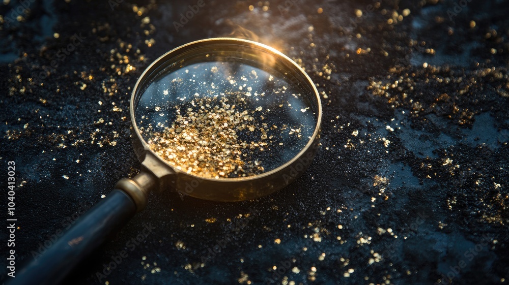 Magnifying glass over dark surface with scattered golden glitter sparkles Magnifying glass over dark surface with scattered golden glitter sparkles