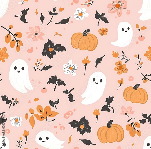 A cute pastel goth seamless pattern with pumpkins, ghosts