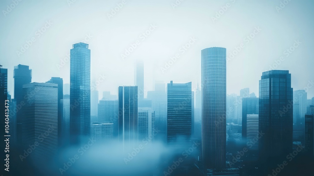 Modern city skyline with tall skyscrapers emerging from fog, creating serene and mystical atmosphere Modern city skyline with tall skyscrapers emerging from fog, creating serene and mystical atmosphere