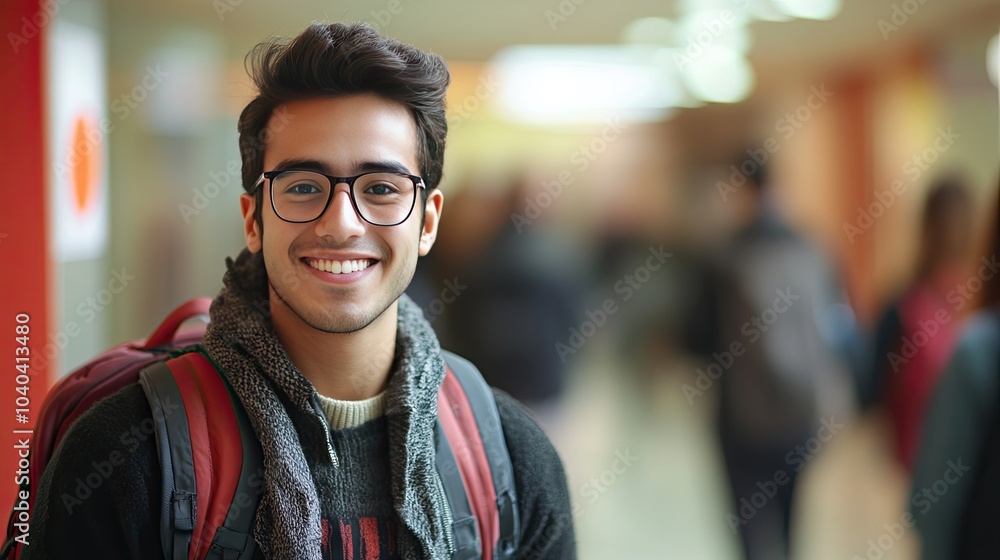 A cheerful foreign student holding a backpack in a university hallway, with a blurred background of students and a subtle warning sign, conveying the importance of staying alert on campus.. A cheerful foreign student holding a backpack in a university hallway, with a blurred background of students and a subtle warning sign, conveying the importance of staying alert on campus..