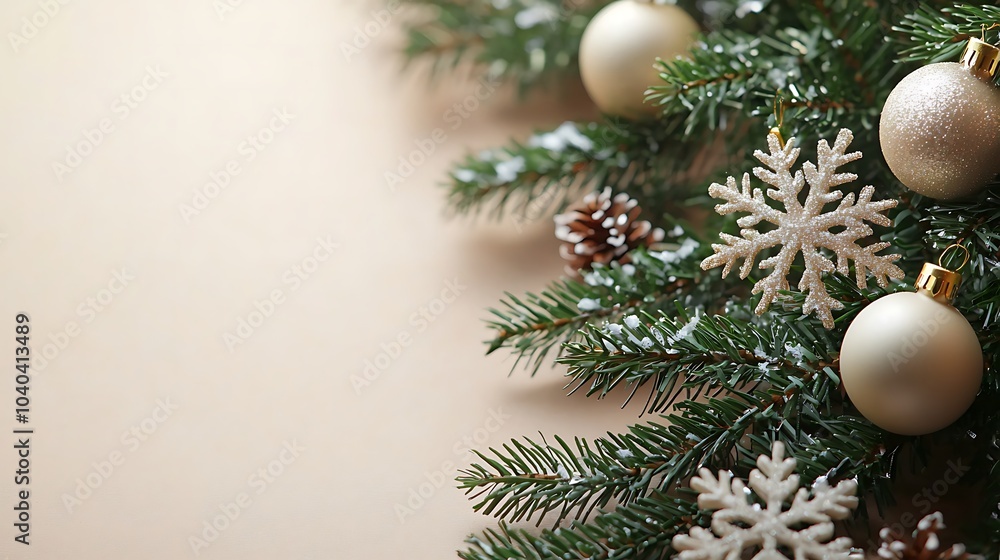 Christmas border composition with evergreen branches and ornaments on neutral background Christmas border composition with evergreen branches and ornaments on neutral background