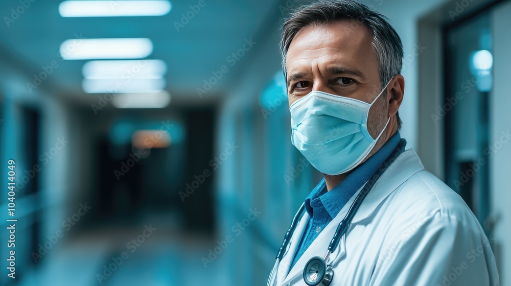 A mature doctor in a protective mask and medical suit, stethoscope around his neck, standing in a clinical hospital setting, exuding authority and calmness in healthcare professionalism. A mature doctor in a protective mask and medical suit, stethoscope around his neck, standing in a clinical hospital setting, exuding authority and calmness in healthcare professionalism.
