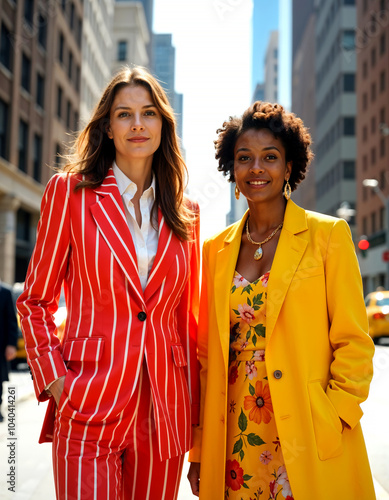 Two young women, one with long brown hair wearing a red and white striped blazer, the other with curly dark hair wearing a yellow coat, standing on a city street with tall buildings in the background photo