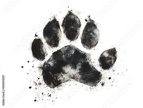 Big paw print leaving trail in black ink on white background photo