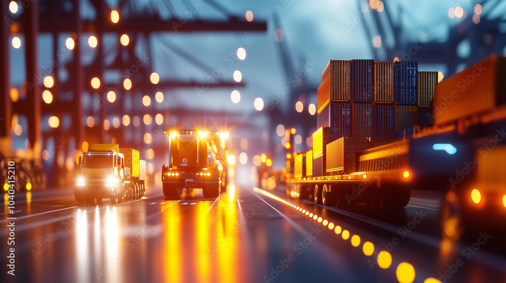 Fototapeta premium Global Trade Hub with Freight Ships and Trucks