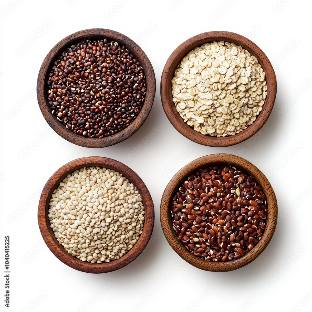 A collection of various grains displayed in wooden bowls on a white background. A collection of various grains displayed in wooden bowls on a white background.