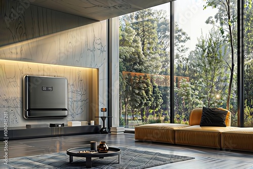 Smart home energy storage. A modern living room with a large wall-mounted battery, showcasing a sleek design and energy efficiency. photo