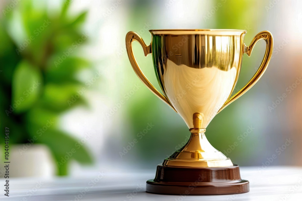 Shiny gold trophy on a table with a blurred plant background. Shiny gold trophy on a table with a blurred plant background.