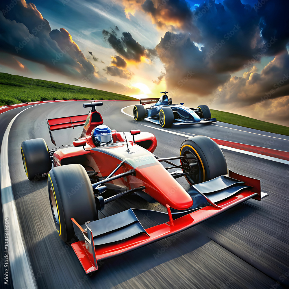 Naklejka premium two race cars racing on a track with one being dri