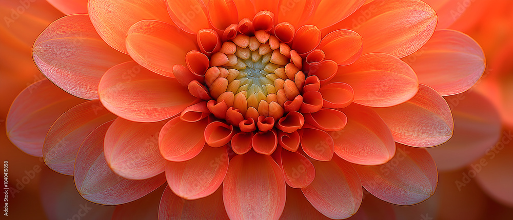 A close-up of the center part of an oversized red chrysanthemum, with petals arranged in layers and a large yellow core A close-up of the center part of an oversized red chrysanthemum, with petals arranged in layers and a large yellow core