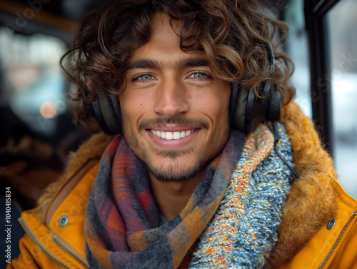 An incredible happy, cheerful expression on the face of an unencumbered person against a blurred background. photo