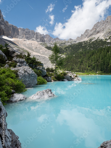 Beautiful view on turquoise water of Sorapis Lake, in Dolomites mountain in Italy