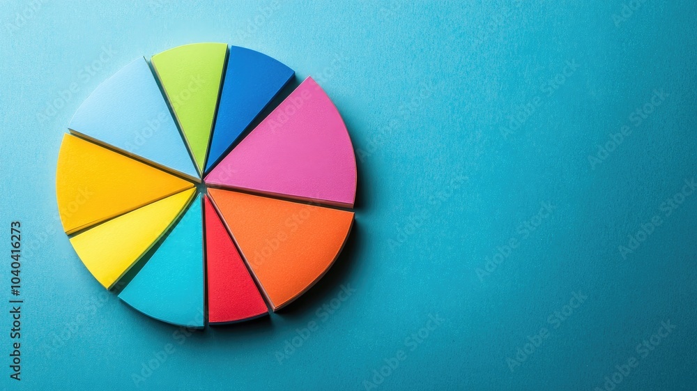 Fototapeta premium Colorful pie chart on blue background, divided into eight segments