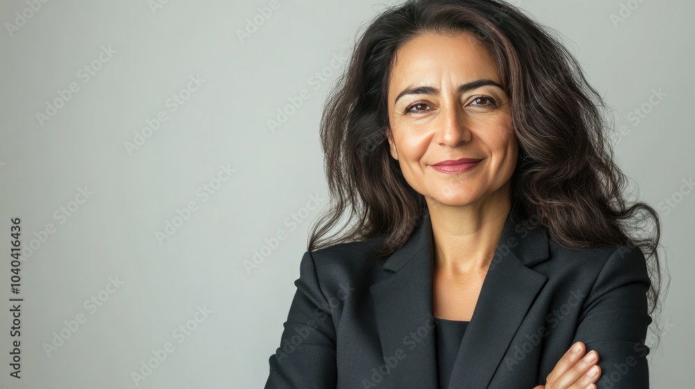 Closeup of a middle-aged Middle Eastern businesswoman with arms crossed, smiling confidently, wearing a suit, isolated on a white background, representing female empowerment in business. Closeup of a middle-aged Middle Eastern businesswoman with arms crossed, smiling confidently, wearing a suit, isolated on a white background, representing female empowerment in business.