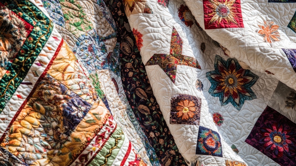 Intricately designed handmade quilts with vibrant patterns and colors Intricately designed handmade quilts with vibrant patterns and colors