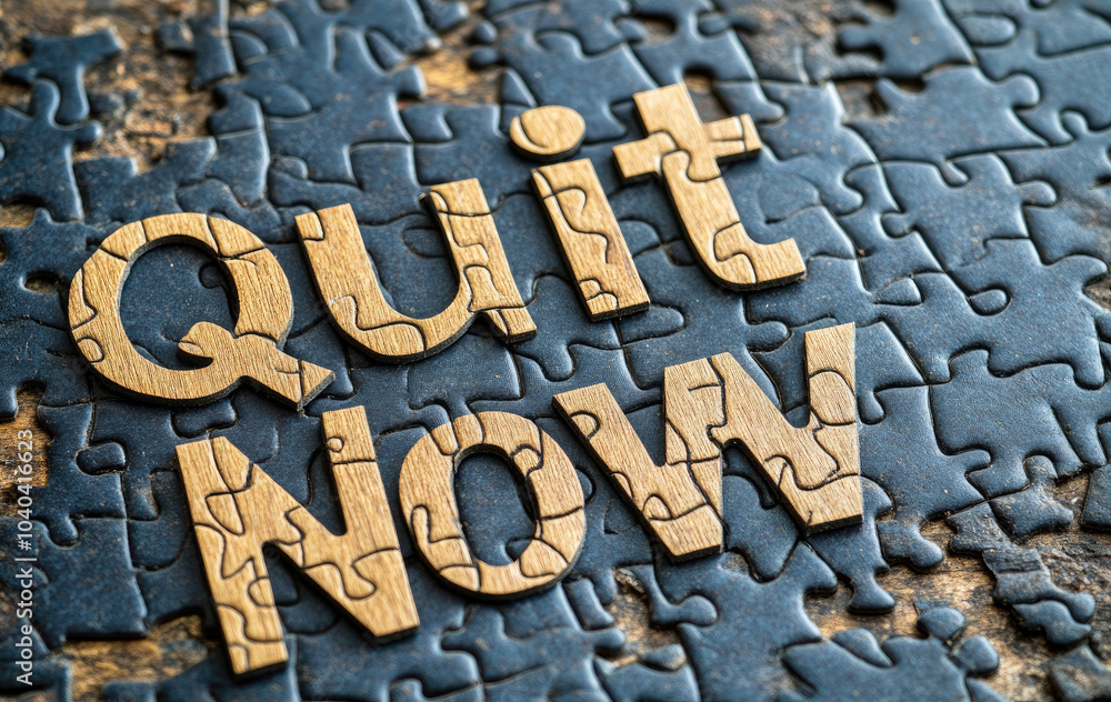 Puzzle pieces forming words 'Quit Now' with textured background Puzzle pieces forming words 'Quit Now' with textured background