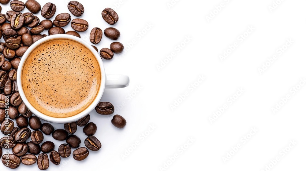 A photostock images of a coffee cup surrounded by coffee beans on a clean white background, isolated on white background, High Quality A photostock images of a coffee cup surrounded by coffee beans on a clean white background, isolated on white background, High Quality