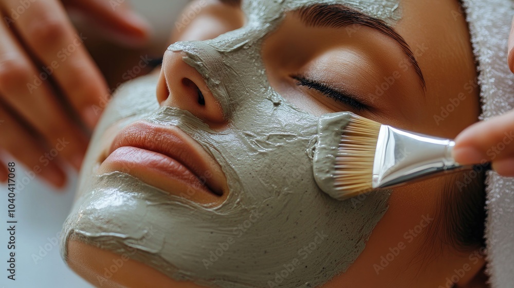 Detailed closeup of a woman face being treated with a nourishing face mask at a spa, as the beautician skillfully uses a brush for precise application, ensuring relaxation. Detailed closeup of a woman face being treated with a nourishing face mask at a spa, as the beautician skillfully uses a brush for precise application, ensuring relaxation.