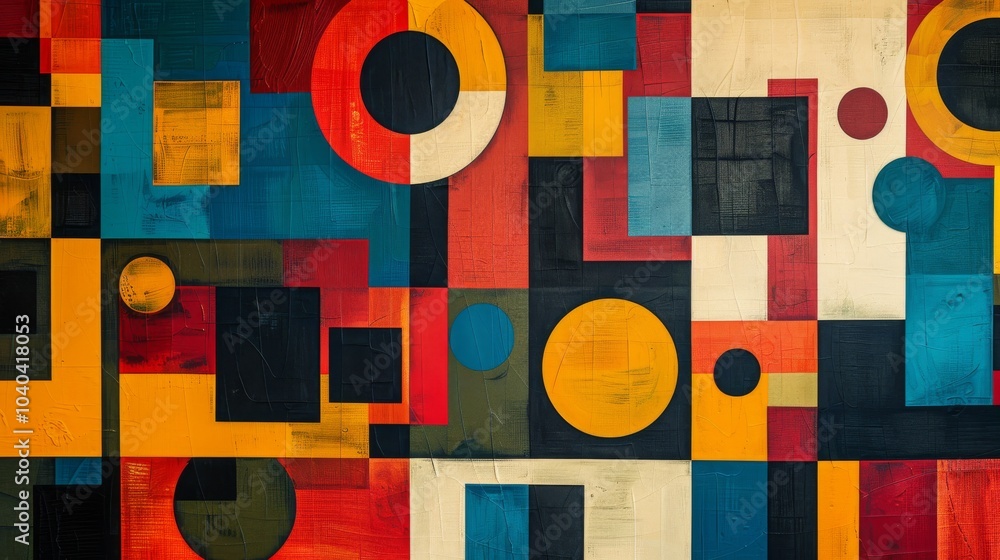 A colorful geometric pattern with Swiss influences, showcasing bold rectangles, squares, and circles A colorful geometric pattern with Swiss influences, showcasing bold rectangles, squares, and circles