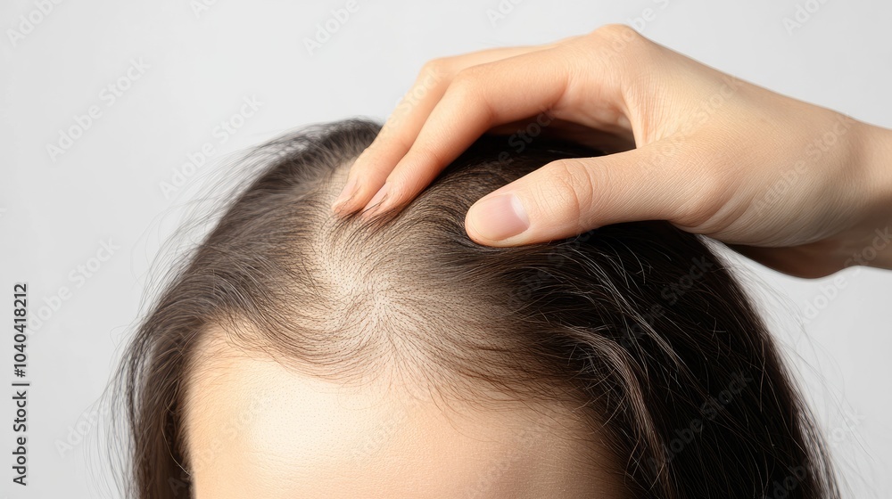 Naklejka premium Hand of a man touching the thinning scalp of a woman, showing balding areas on top of her head, with the image placed on a clean white background to highlight the issue.