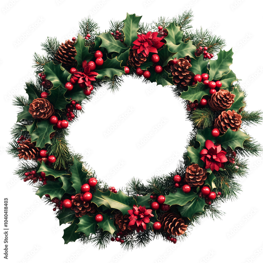 A festive holiday wreath adorned with pinecones and vibrant red berries, capturing the essence of Christmas cheer. A festive holiday wreath adorned with pinecones and vibrant red berries, capturing the essence of Christmas cheer.
