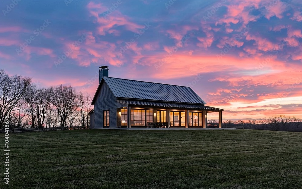 Exterior Modern Farmhouse at Dusk with Pink and Blue Sky Exterior Modern Farmhouse at Dusk with Pink and Blue Sky