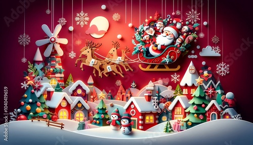 Christmas Card: Paper Crafts. Christmas scenery with Santa Claus and reindeer