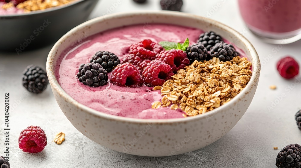 A vibrant smoothie bowl topped with blackberries, raspberries, and granola, perfect for a healthy breakfast or snack. A vibrant smoothie bowl topped with blackberries, raspberries, and granola, perfect for a healthy breakfast or snack.