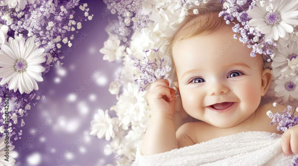 Smiling baby surrounded by white flower - purple background Smiling baby surrounded by white flower - purple background