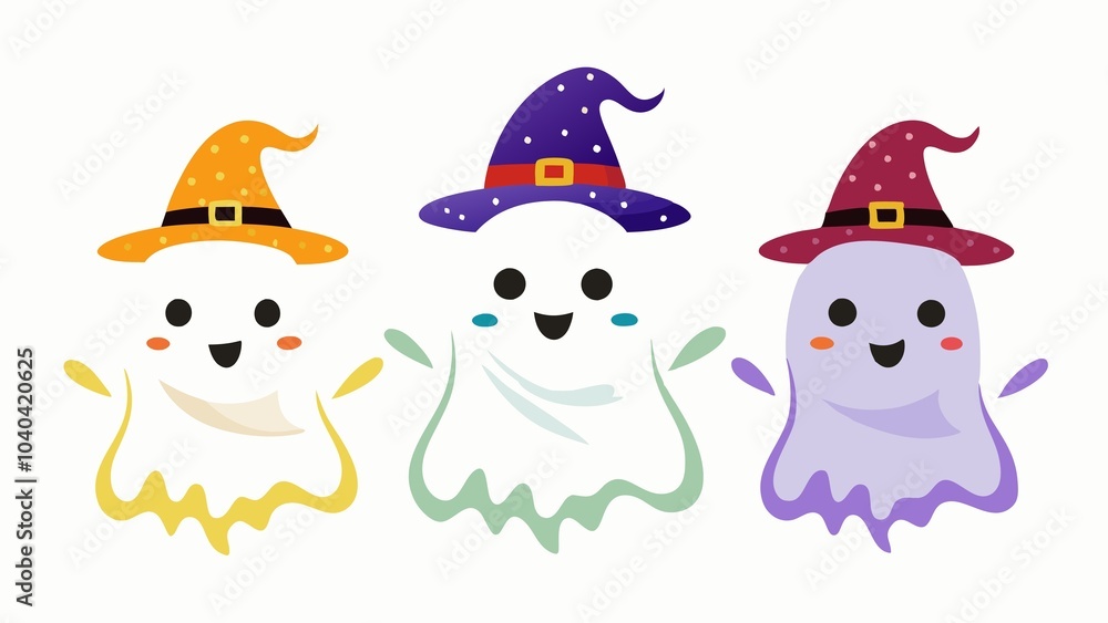 little ghosts in white and in a hat flying in a group, with colored patches, on a white background, applications for Halloween, Christmas, etc little ghosts in white and in a hat flying in a group, with colored patches, on a white background, applications for Halloween, Christmas, etc
