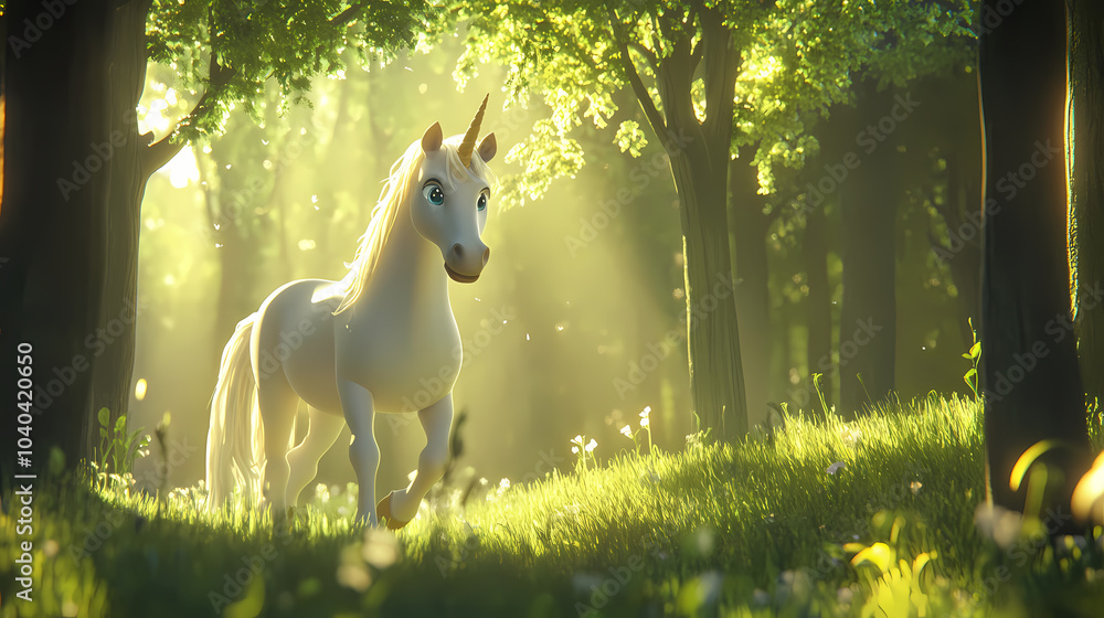 Fototapeta premium Majestic 3d cartoon unicorn in enchanted forest with shimmering mane - fairy tale fantasy scene for text insertion. Unicorn in the Woods. Illustration