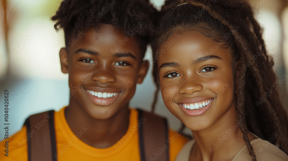 A wide, cheerful shot of African American teens, a boy and a girl, dressed in trendy sportswear with their athletic bags by their sides. They smile brightly at the camera, capturin A wide, cheerful shot of African American teens, a boy and a girl, dressed in trendy sportswear with their athletic bags by their sides. They smile brightly at the camera, capturin