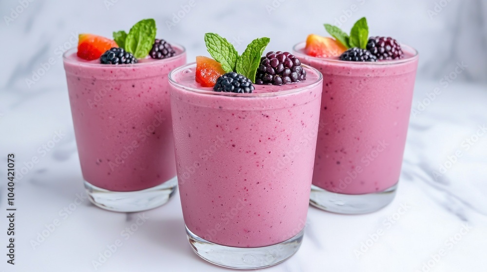 Three vibrant berry smoothies topped with fresh mint and fruits, served in clear glasses against a marble background. Three vibrant berry smoothies topped with fresh mint and fruits, served in clear glasses against a marble background.
