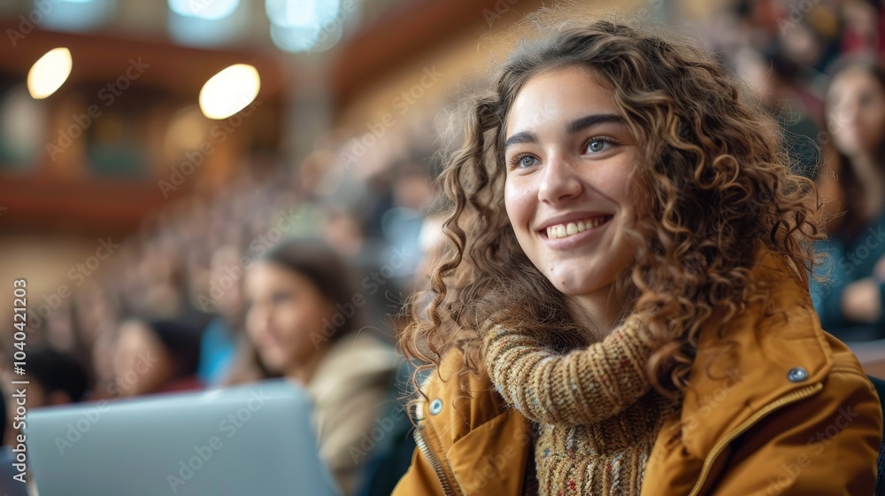 Happy female student focused on her laptop in a university lecture, demonstrating intelligence and dedication to learning Happy female student focused on her laptop in a university lecture, demonstrating intelligence and dedication to learning