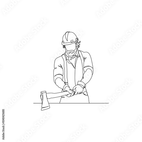 Dessin en ligne continue d'un homme tenant une hache, line art, vecteur