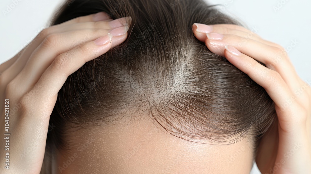 Woman examining her thinning hair, with her hands placed on her scalp, exposing areas with reduced hair density, shown on a white backdrop, representing hair loss concerns. Woman examining her thinning hair, with her hands placed on her scalp, exposing areas with reduced hair density, shown on a white backdrop, representing hair loss concerns.