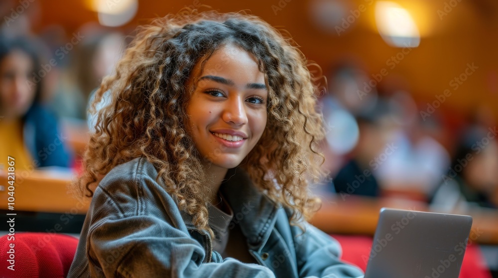 Happy female student focused on her laptop in a university lecture, demonstrating intelligence and dedication to learning Happy female student focused on her laptop in a university lecture, demonstrating intelligence and dedication to learning