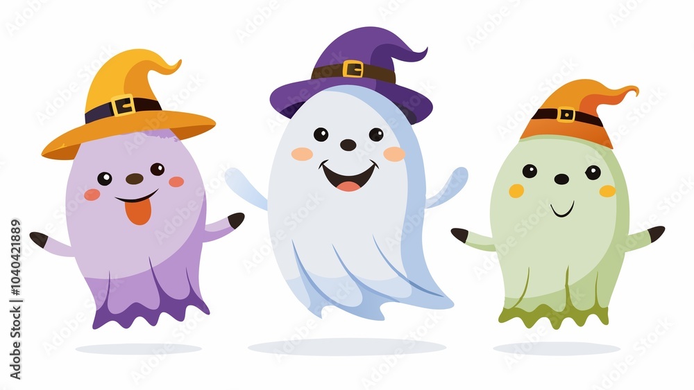 little ghosts in white and in a hat flying in a group, with colored patches, on a white background, applications for Halloween, Christmas, etc little ghosts in white and in a hat flying in a group, with colored patches, on a white background, applications for Halloween, Christmas, etc