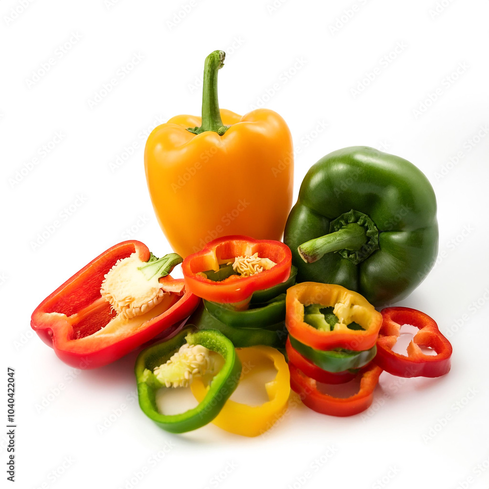 Sweet pepper whole and sliced scattered around background concept isolated white Sweet pepper whole and sliced scattered around background concept isolated white