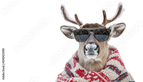 A trendy reindeer in sunglasses and a festive sweater, showcasing humor and style against a snowy background.